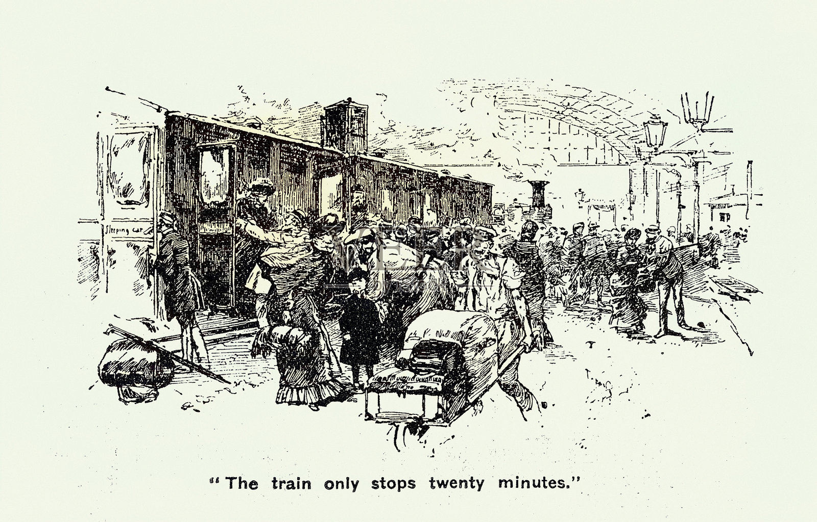 乘客从蒸汽火车上卸下,火车站月台,维多利亚时代铁路旅行历史,1880年代,19世纪复古插图插画图片素材