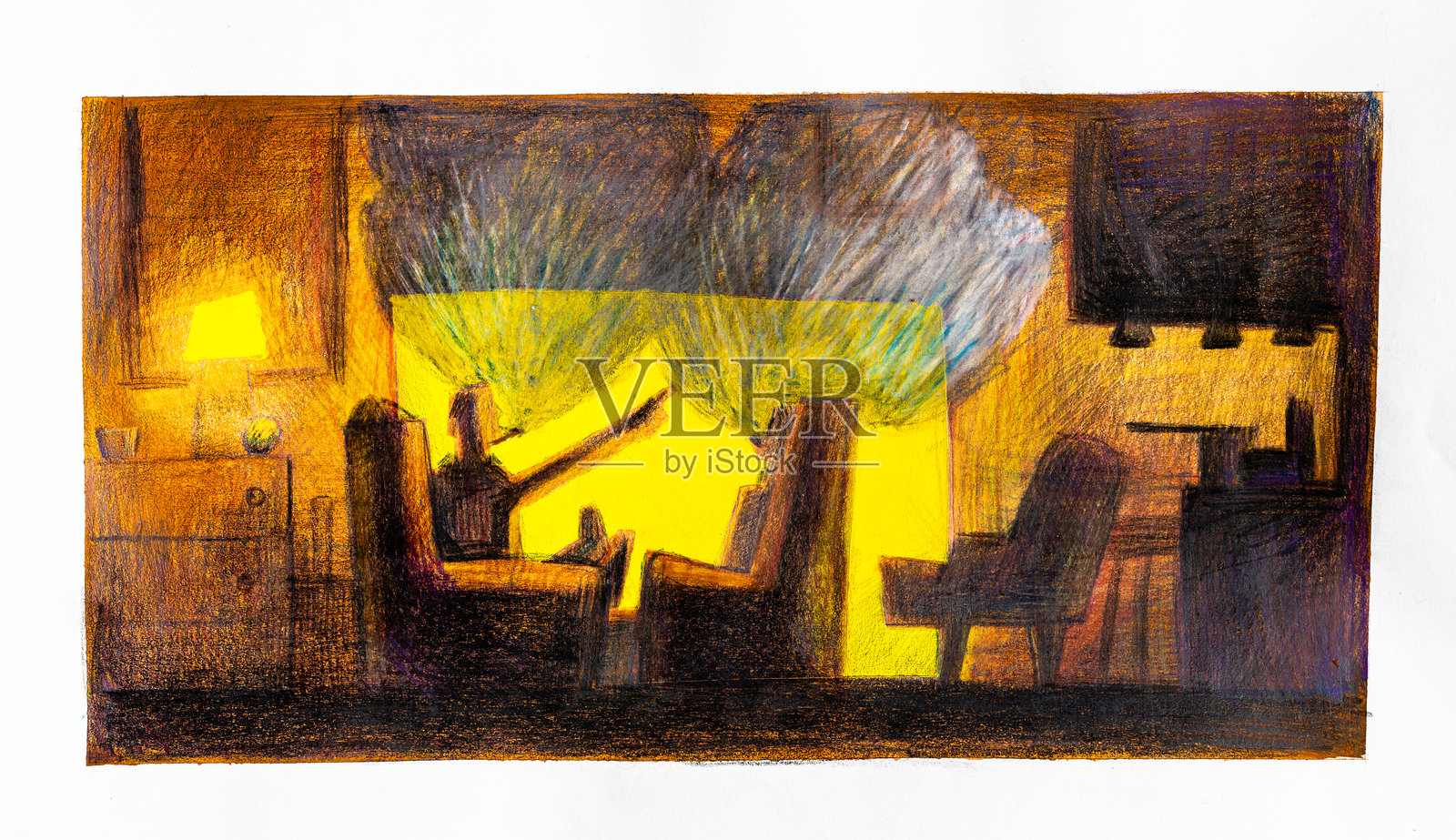 手绘绅士在壁炉旁抽烟斗插画图片素材