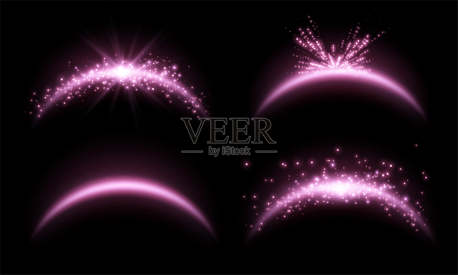 粉色魔法拱门,闪烁的粒子,银色阳光镜头光晕。霓虹现实能量光晕拱门。黑色背景上的抽象光效。矢量插图。插画图片素材