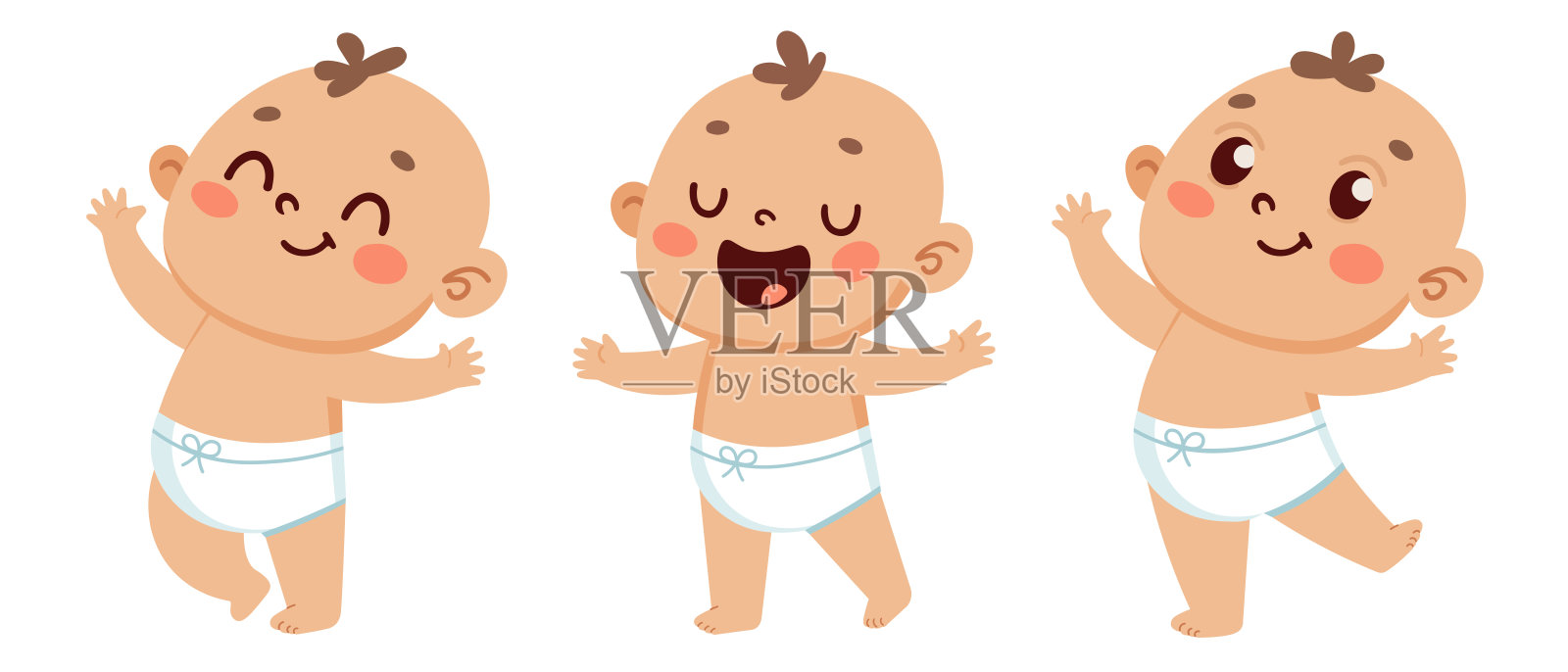 一组可爱的卡通宝宝以不同姿势表达快乐和幸福,适用于儿童插图和设计项目插画图片素材