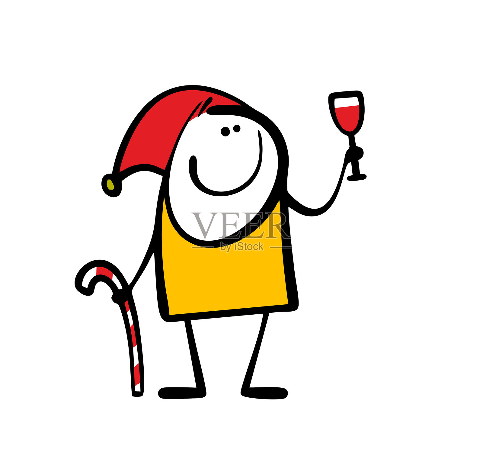 戴着红色圣诞帽的火柴人手持条纹棒棒糖,举起一杯酒。圣诞精灵饮酒的矢量插图,圣诞老人助手。白色背景上的搞笑角色。插画图片素材