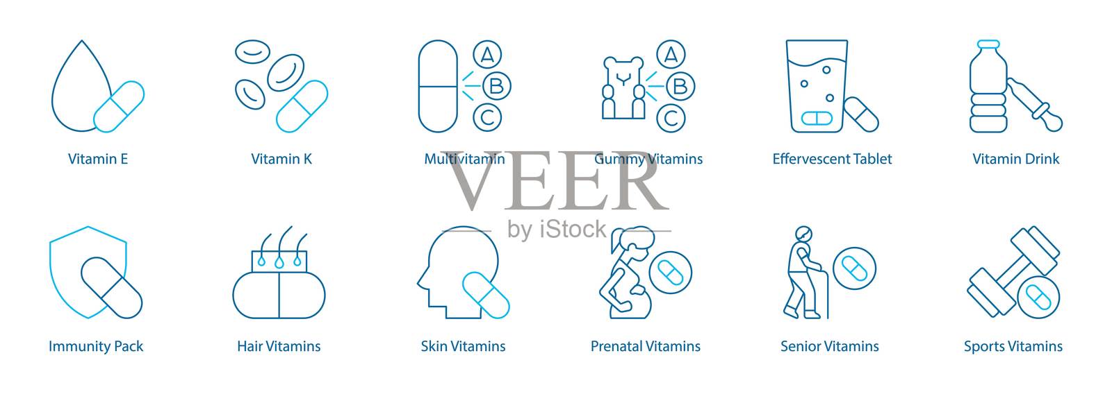 健康与日常营养矢量图标集 – 维生素E、K、多种维生素、软糖和泡腾片、维生素饮料、免疫包、头发和皮肤维生素、孕期、老年人和运动营养插画图片素材