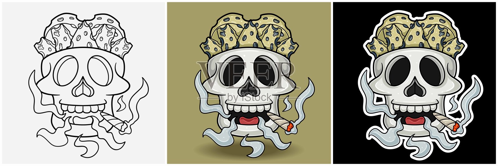 蓝色奶酪在骷髅头内,带有抽烟角色的卡通形象。黑白、彩色和贴纸风格。插画图片素材