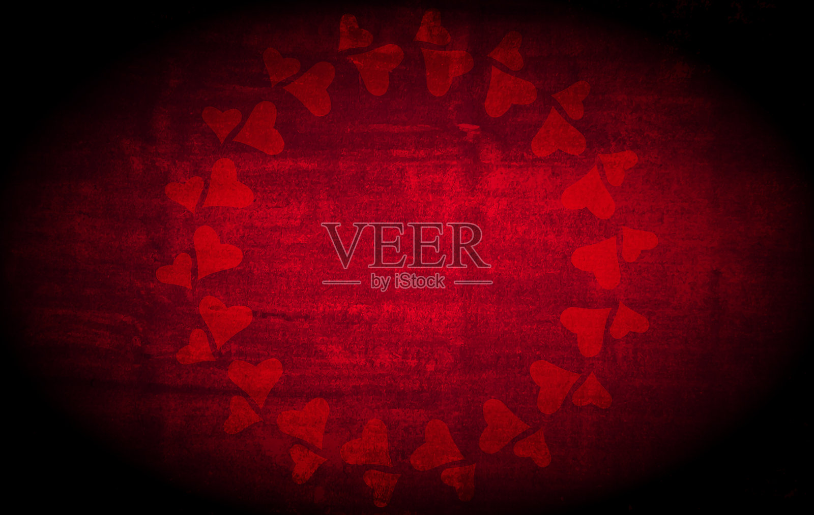 情人节,婚礼周年庆祝,许多水印心形图案围绕在圆形中,呈现出圆形图案,背景为横向的旧破旧的深红色酒红色纹理风化背景,爱情壁纸带有留白,渐晕效果。插画图片素材