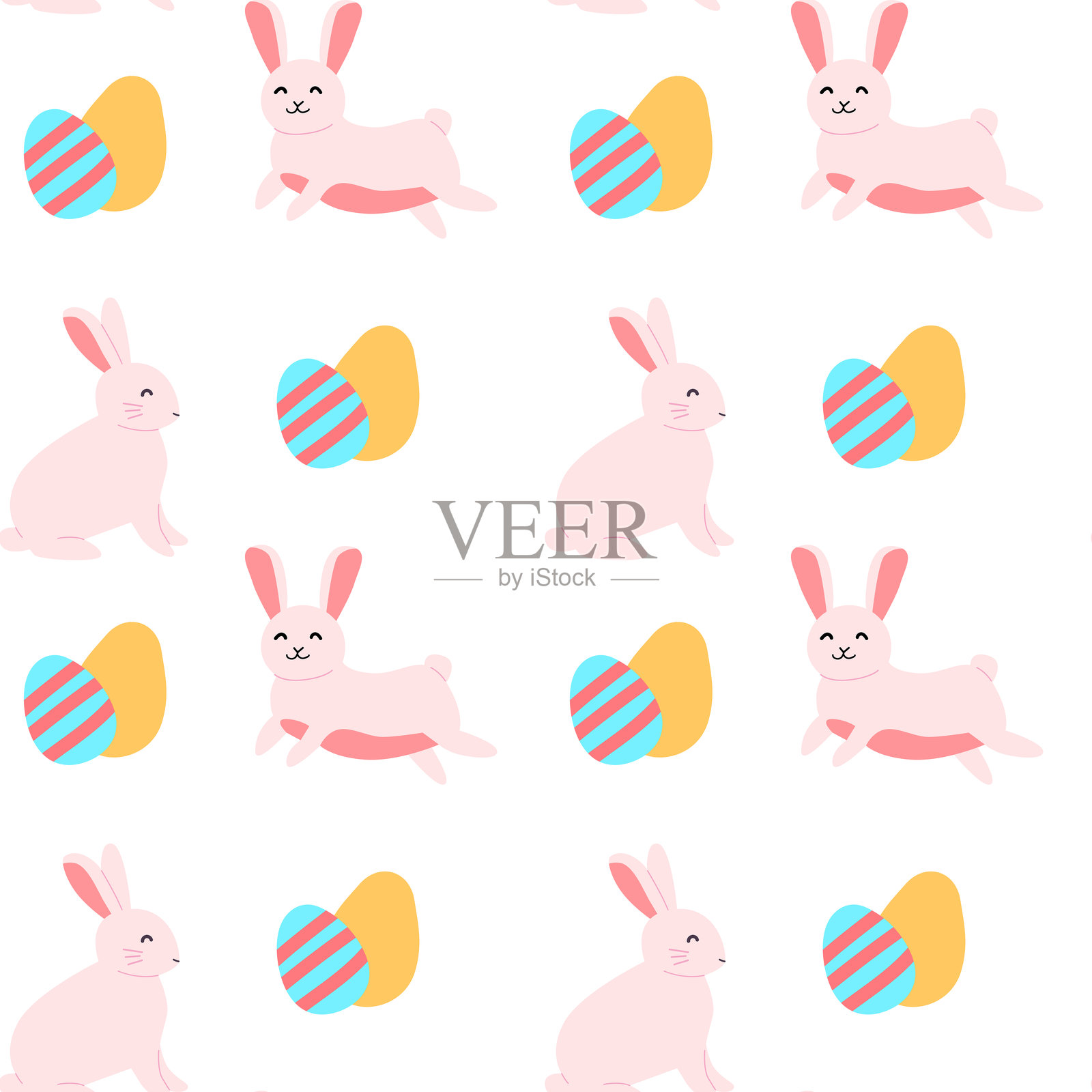 快乐的复活节庆祝活动,配有可爱的兔子和多彩的几何图案蛋设计插画图片素材