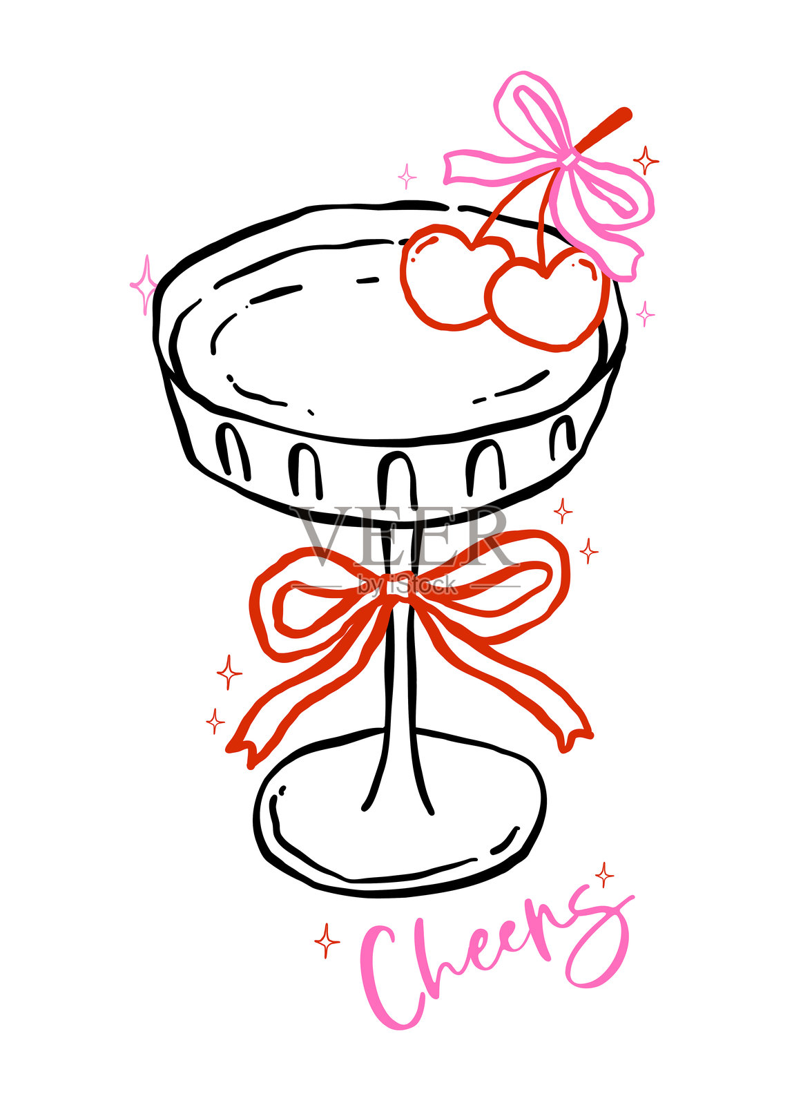 奇幻的马提尼酒杯,带有蝴蝶结和樱桃,心形轮廓,手绘,复古风格,俏皮可爱插画图片素材