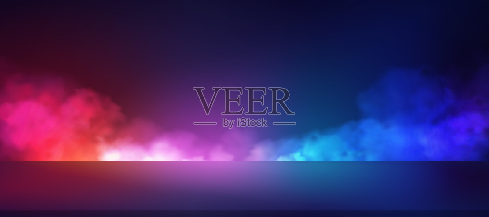 科技背景,渐变霓虹灯蓝色、紫色、粉色、橙色,墙上的云,产品设计的3D讲台,未来网络空间的未来展示平台插画图片素材