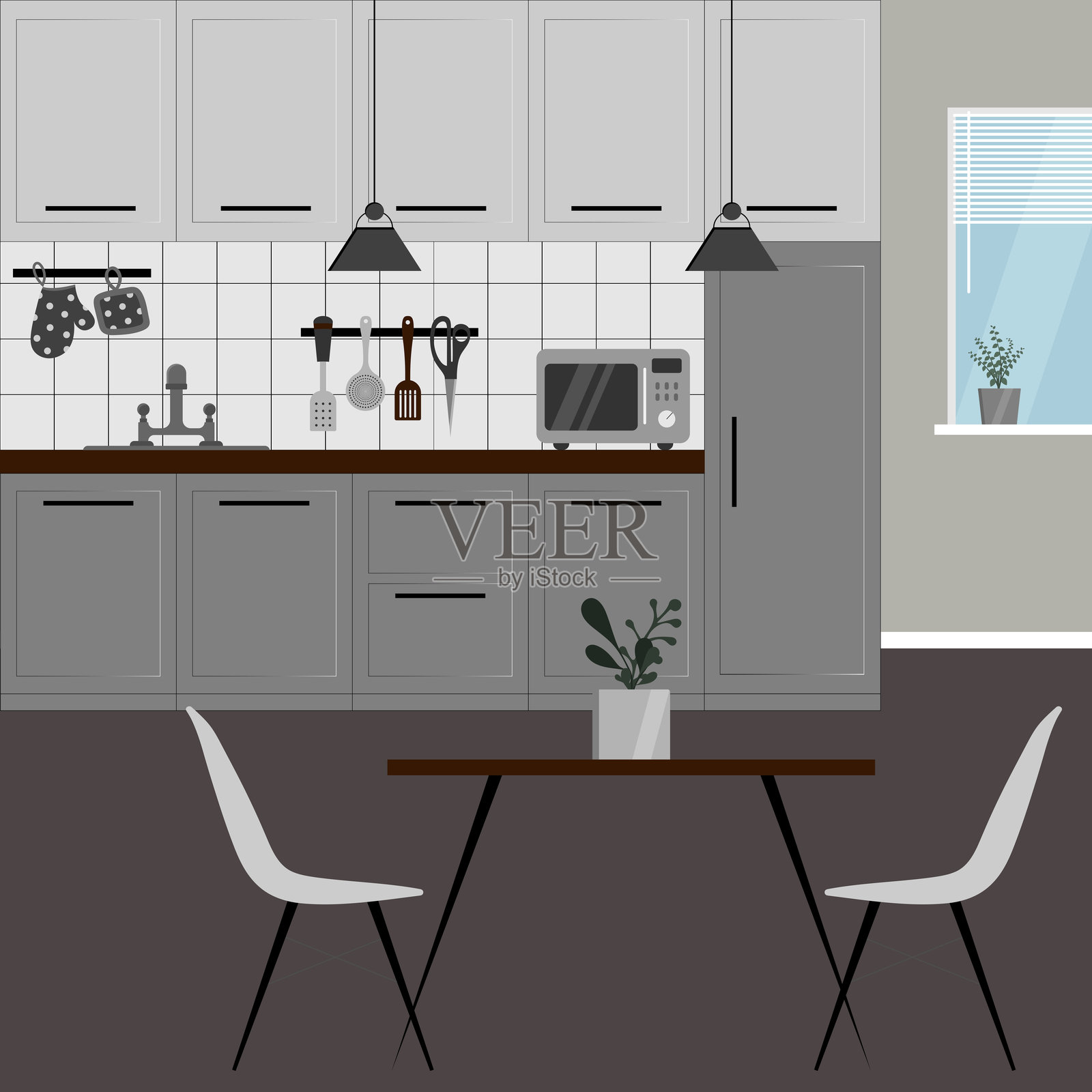 现代风格厨房室内矢量插图。插画图片素材