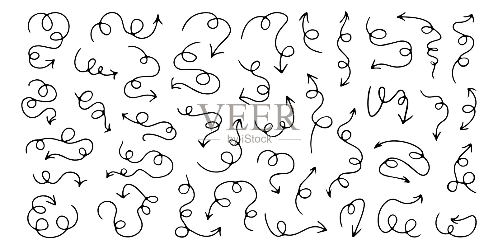 箭头涂鸦,带有弯曲线条的方向指示,线条艺术,装饰性贴纸套装,包含不同波浪形箭头。矢量插图。插画图片素材