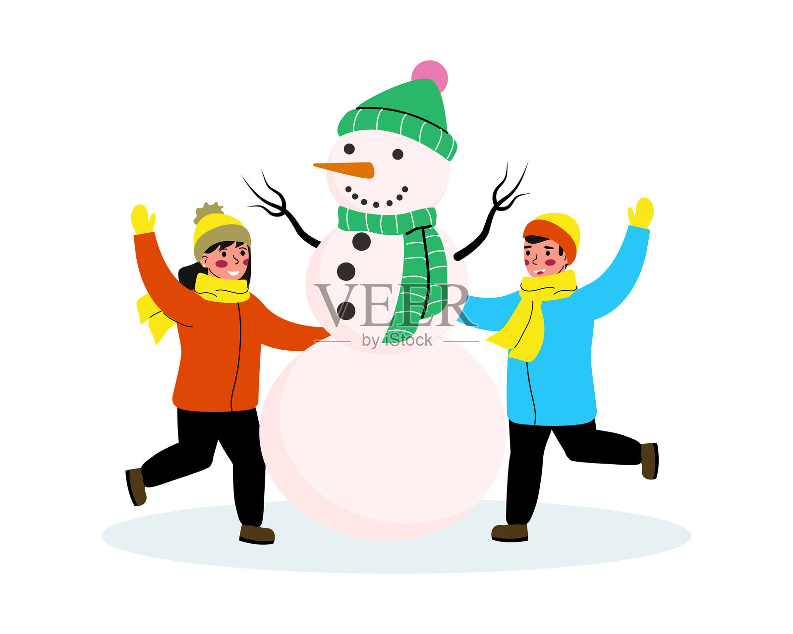 快乐的孩子们享受冬季假期。男孩和女孩在堆雪人。白色背景上的扁平风格矢量插图。插画图片素材