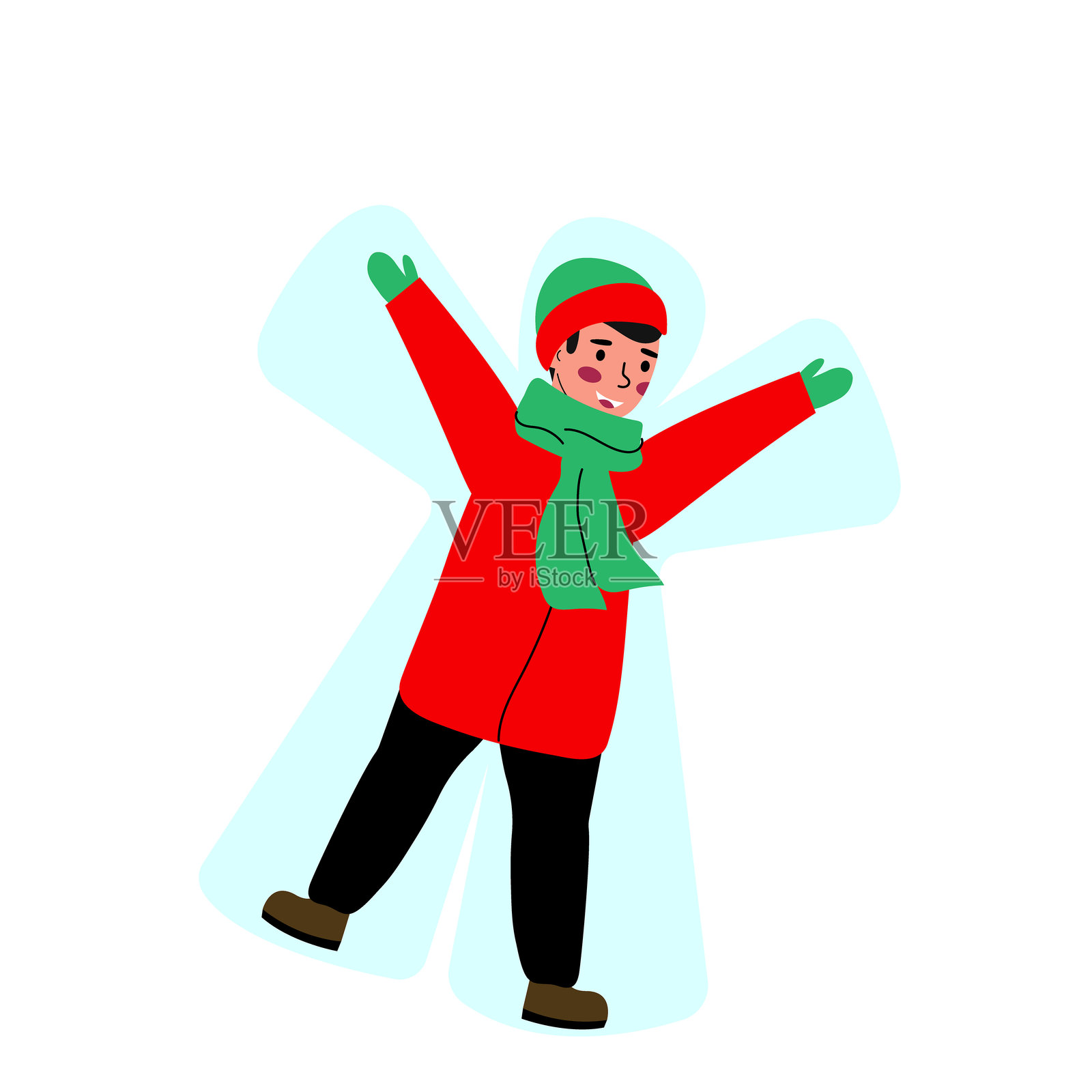 一个小男孩在雪地上做雪天使。这个孩子在冬季活动中度过时光。卡通扁平矢量插图插画图片素材