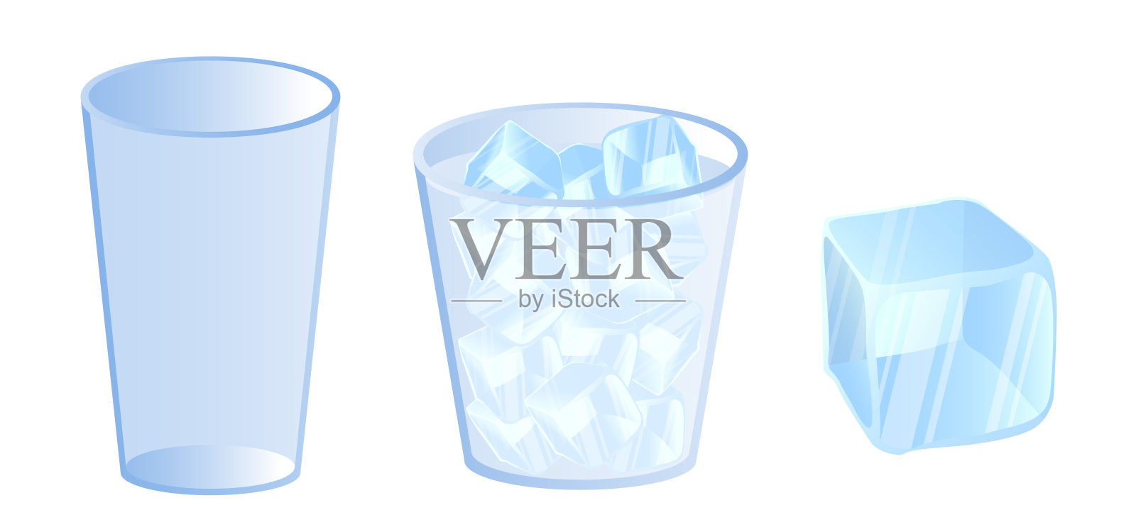 一组插图展示了一个空玻璃杯、一个装满冰块的玻璃杯和一个单独的冰块。插画图片素材