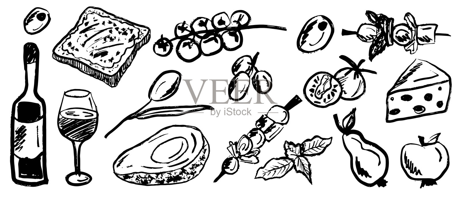 红酒瓶与红酒杯,搭配法式小吃,午餐时光,刷笔触纹理,背景为白色。手绘矢量素描插图,复古木炭墨水风格,菜单设计。插画图片素材