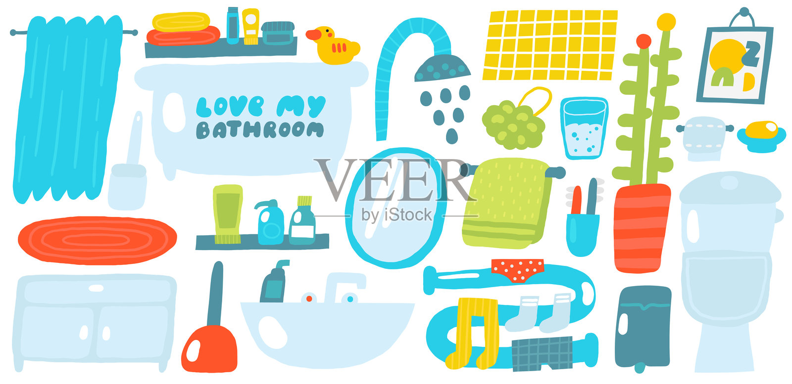 浴室涂鸦室内物品套装插画图片素材