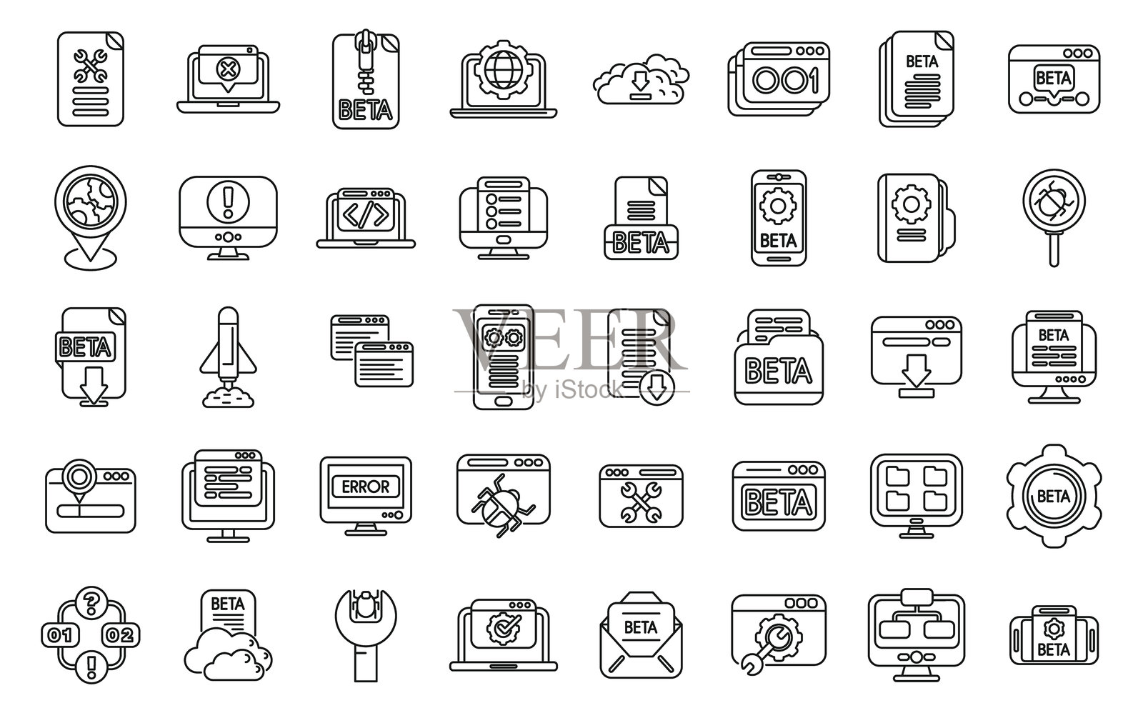 测试版图标集轮廓矢量。构建代码错误插画图片素材