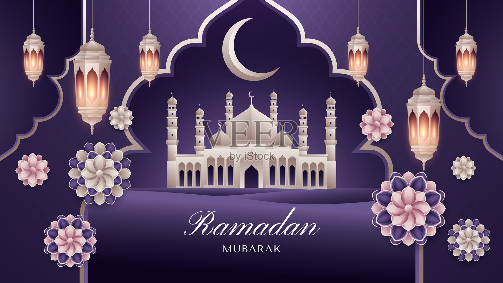 逼真的斋月快乐纸艺,配有发光的灯笼和伊斯兰图案插画图片素材