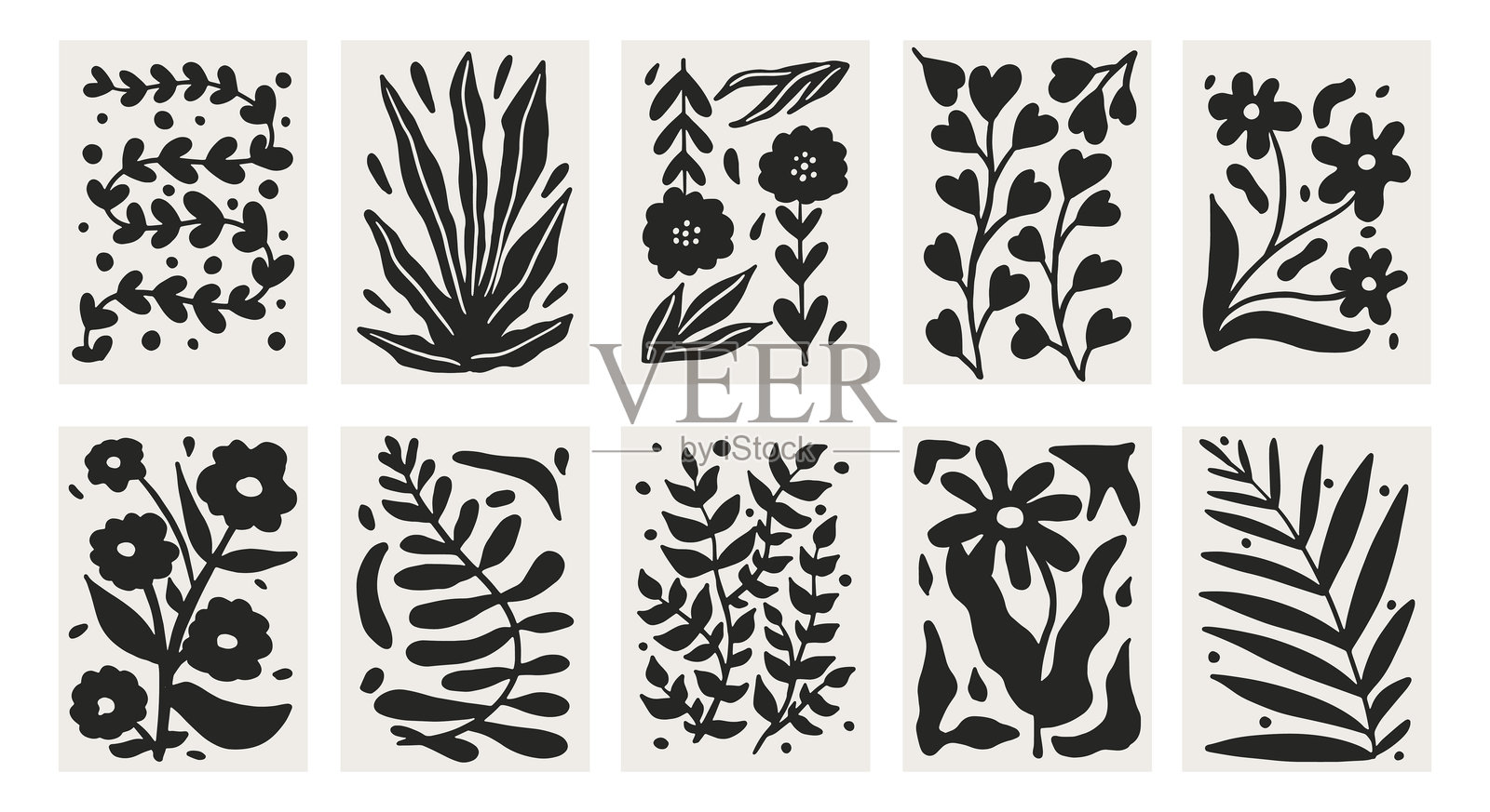 抽象黑色剪影花卉海报,复古风格。极简装饰海报、横幅、卡片。优雅的手绘设计,适用于壁纸、印刷、封面、模板。插画图片素材