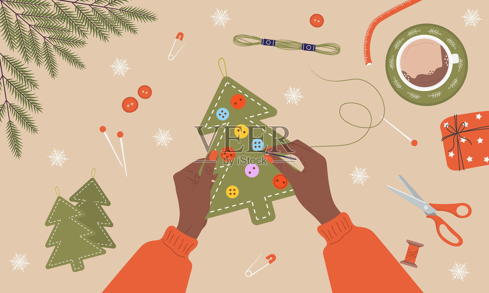 毛毡圣诞树。非洲女孩用布料和线制作圣诞树。工作台的俯视图。DIY节日装饰。圣诞前夕的准备。平面卡通风格的矢量插图。插画图片素材