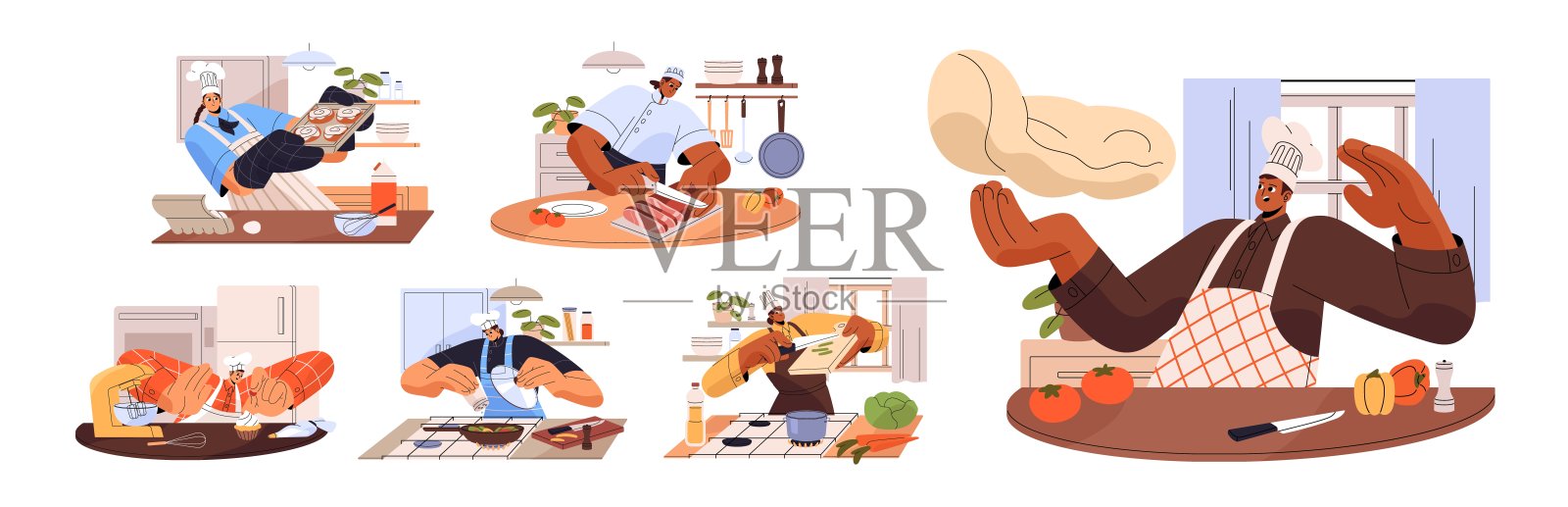 烹饪套件。专业厨师在餐厅厨房烹饪食物。人们在做饭,制作比萨,煎炸,切割,烘焙糕点。角色们准备食物。白色背景上的平面孤立矢量插图。插画图片素材