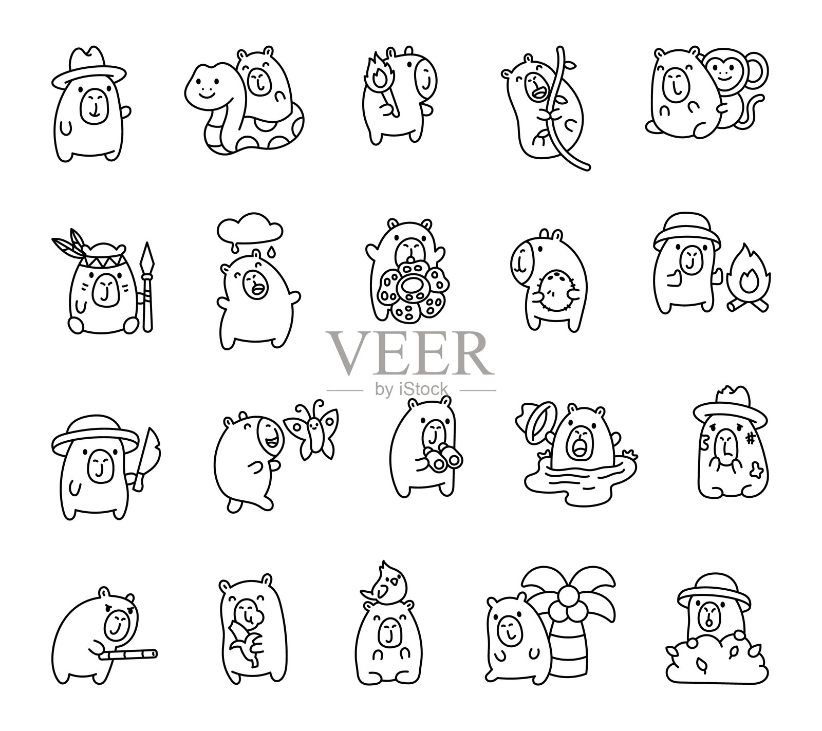 可爱的水豚角色组合在丛林生活中探索,展现迷人的表情、引人入胜的冒险、有趣的姿势和创意元素,采用令人愉悦的可爱卡通插画风格。插画图片素材