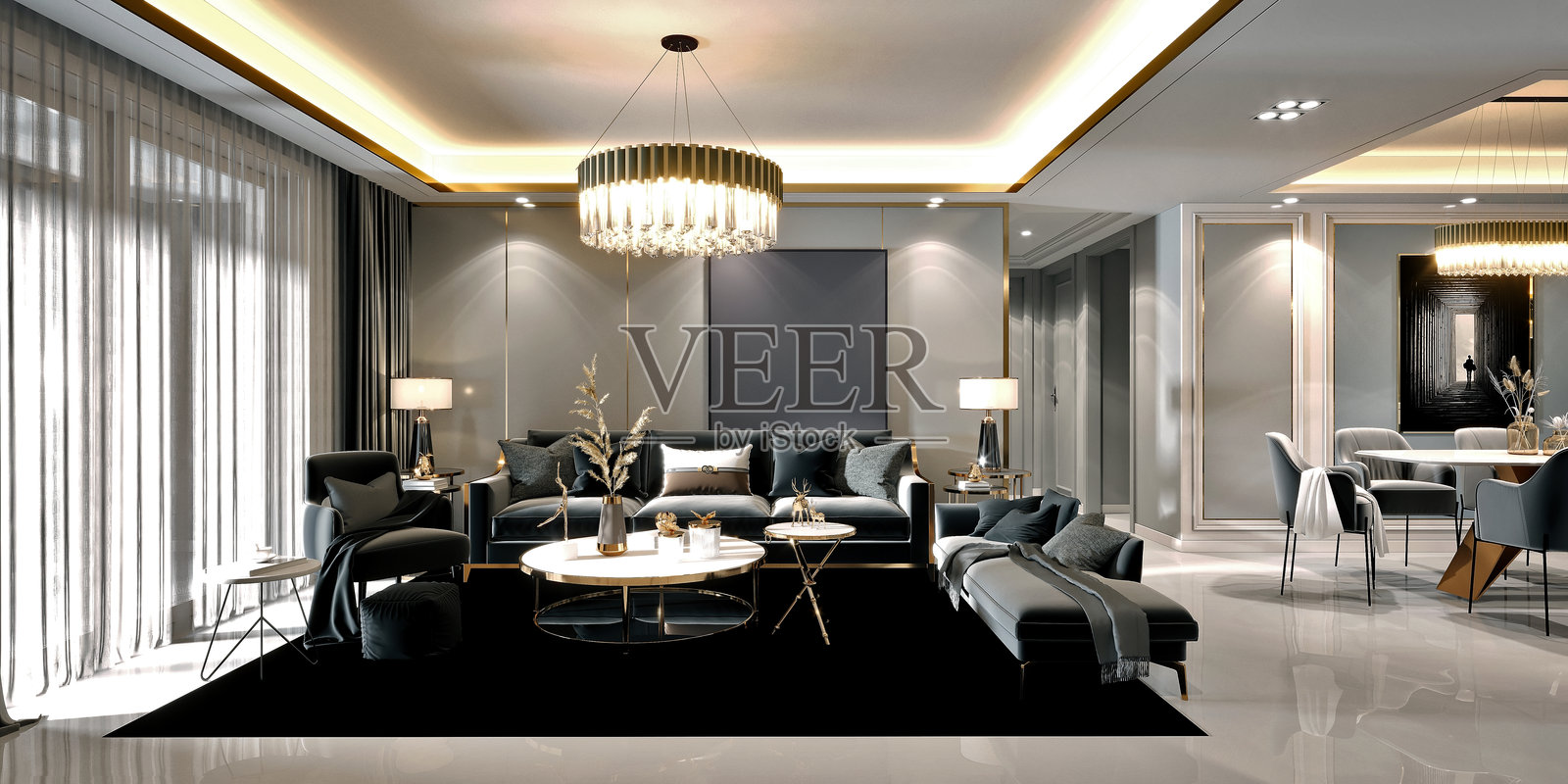 3D渲染的现代客厅和餐厅空间照片摄影图片