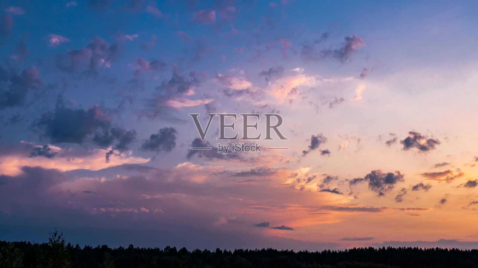 真实壮丽的日出日落天空背景,温柔多彩的云朵在森林上方,没有鸟类。照片摄影图片