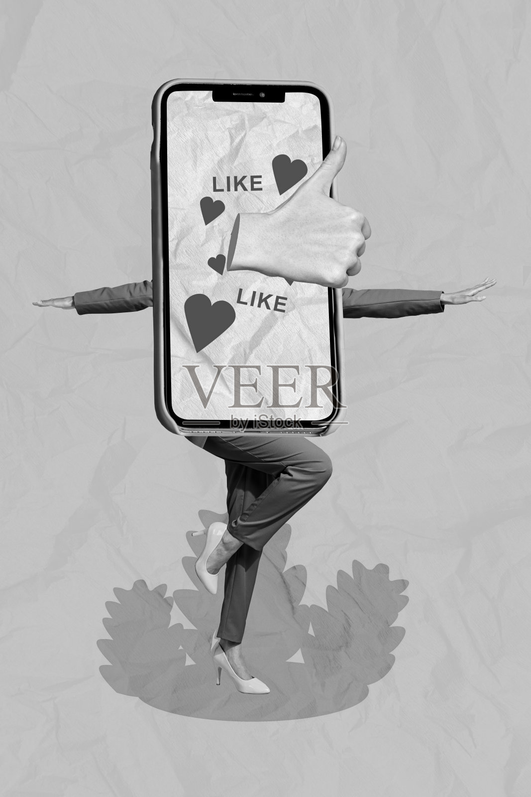 创意照片3D拼贴艺术海报,描绘了沉迷于博客的创作者,梦想获得更多客户的评价和反馈,背景为绘画风格。照片摄影图片