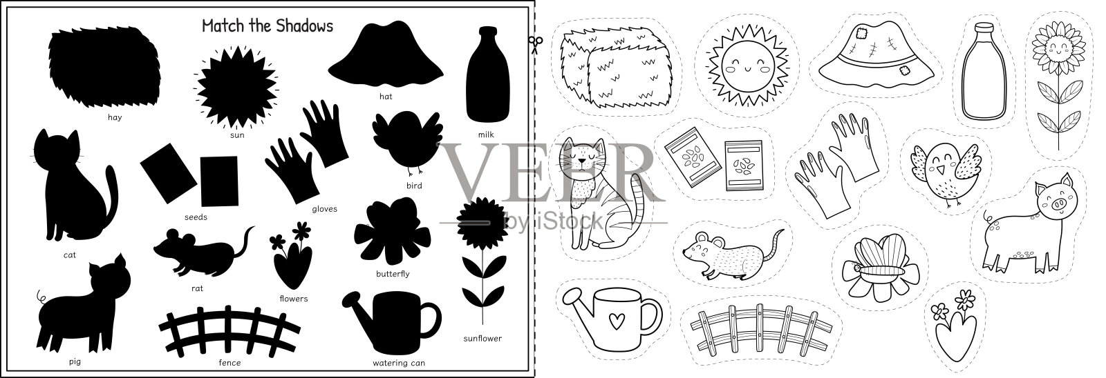 剪切和粘贴游戏,配有可爱的农场角色和物品轮廓插画图片素材