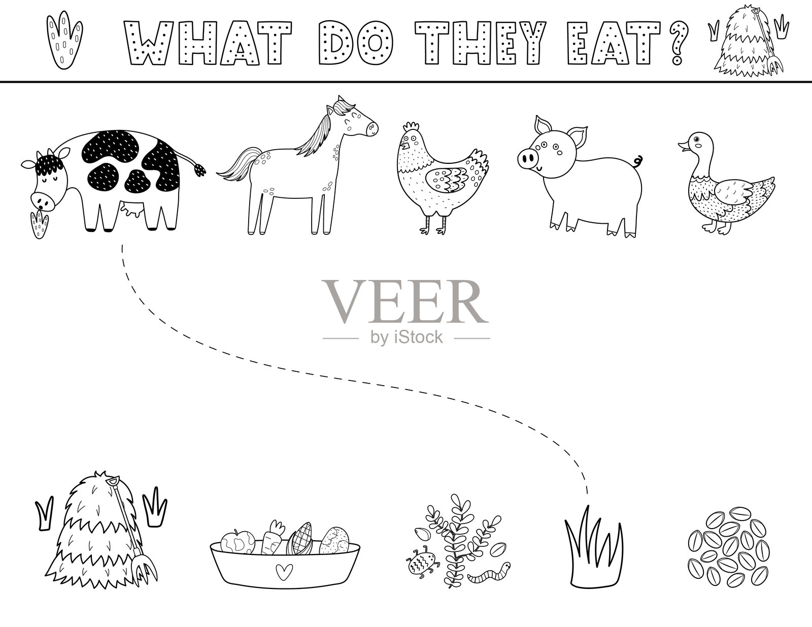 适合儿童的“他们吃什么”配对游戏,配有可爱的农场动物插图插画图片素材
