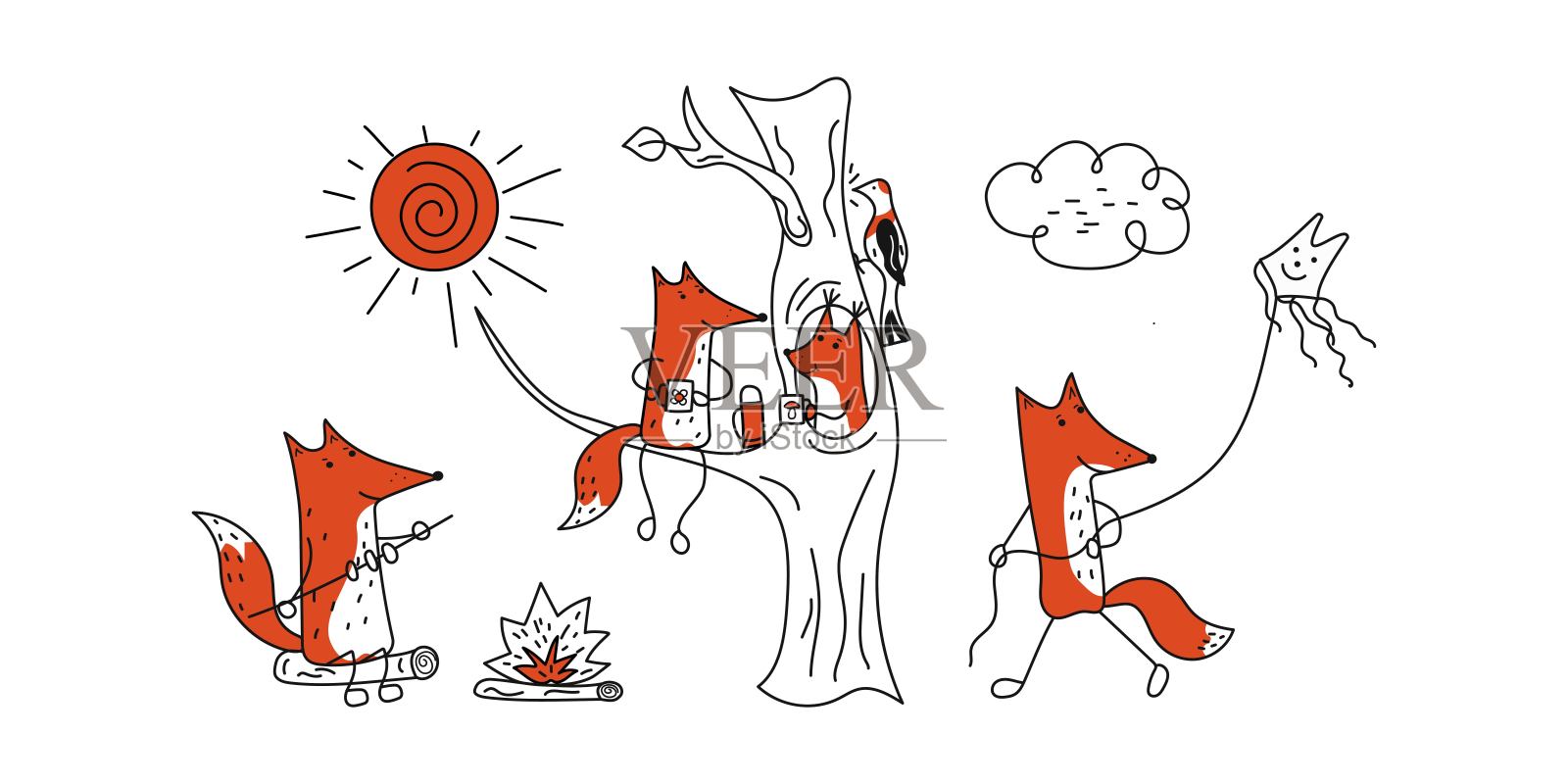 狐狸、松鼠、啄木鸟。 在森林中休息,户外围着火堆。 生态主义者的生活方式,城市外的假期。 绘画,涂鸦。 可爱动物的矢量图标。插画图片素材