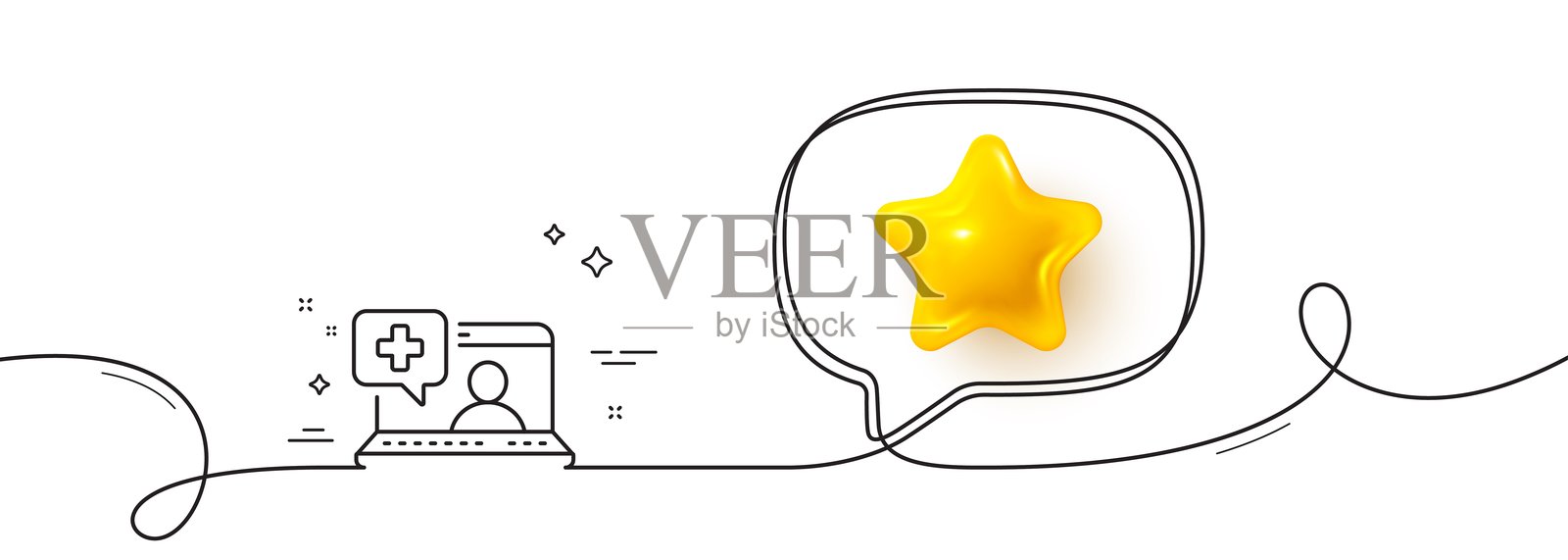 医疗笔记本电脑线条图标。在线医疗帮助标志。带有3D星星的连续线条。矢量图。插画图片素材