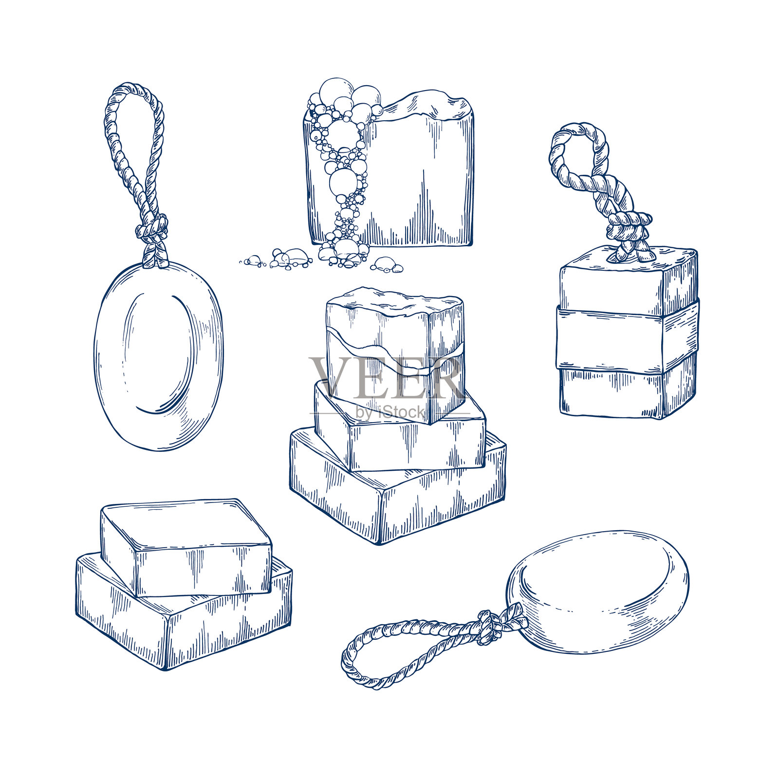 手工制作的水疗香皂套装,手绘孤立矢量插图。卡片设计、包装、化妆品、药品、治疗、芳香疗法、医疗装饰的草图模板。雕刻风格系列。插画图片素材