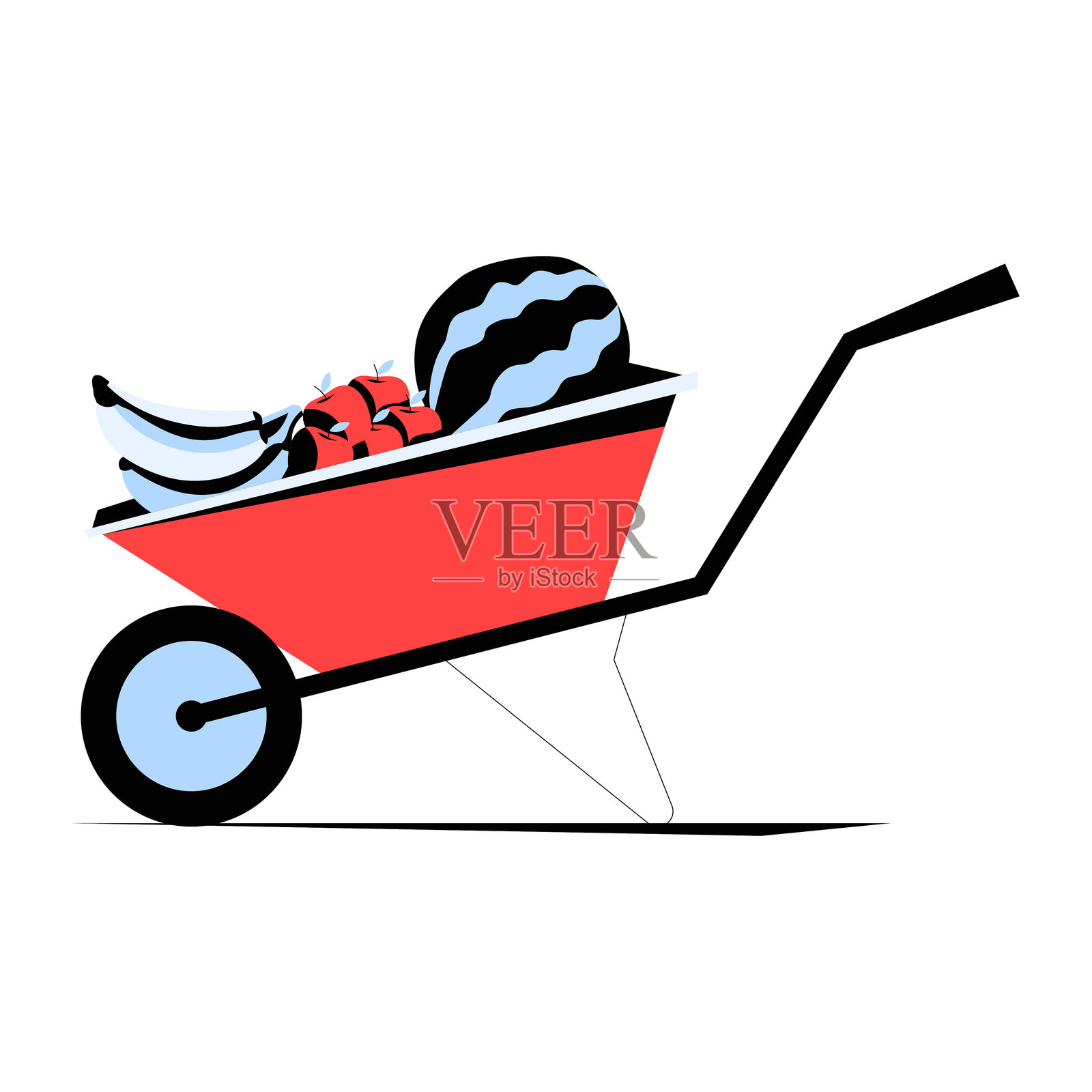 带有西瓜和香蕉的独轮车平面矢量插图,象征着农业、耕作和丰收,背景为白色。插画图片素材