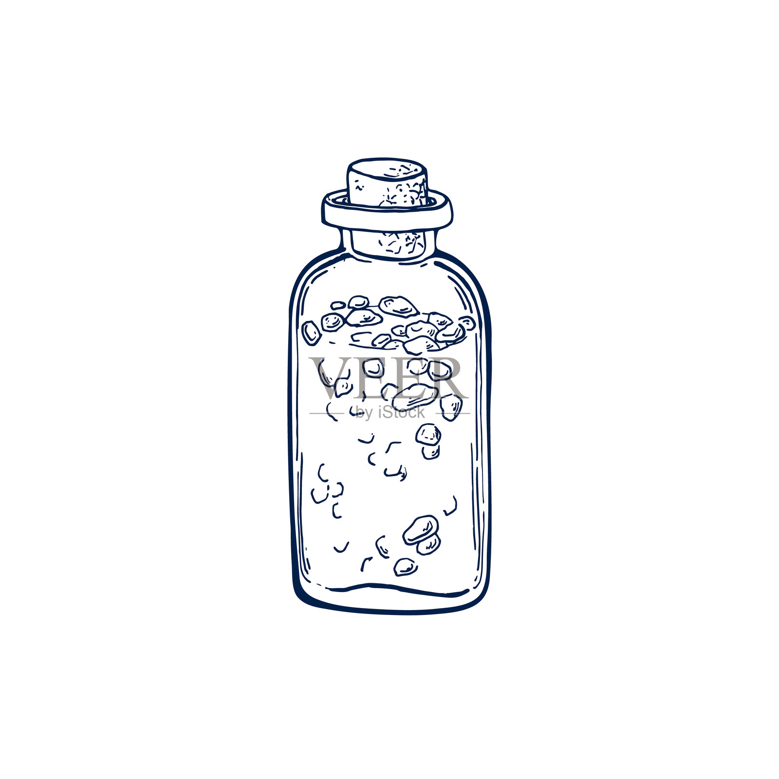 手绘海盐水疗配件,孤立的矢量插图。卡片设计、包装、化妆品、药品、治疗、芳香疗法、医疗装饰的草图模板。雕刻风格。插画图片素材