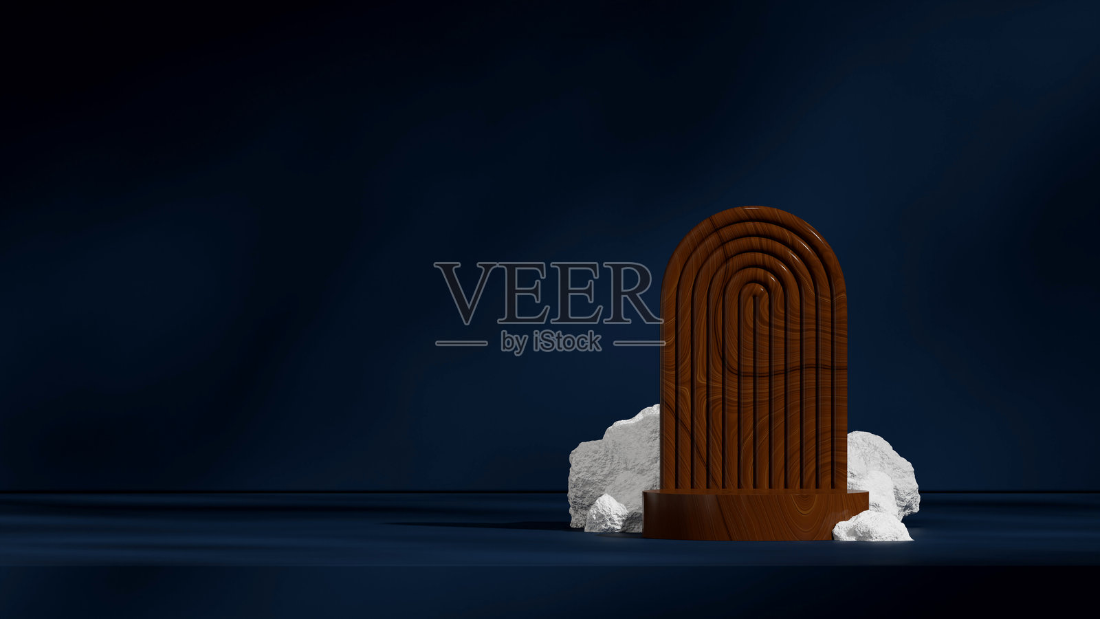 在风景拱门和岩石中,3D渲染场景模型,木纹曲面圆柱展台照片摄影图片