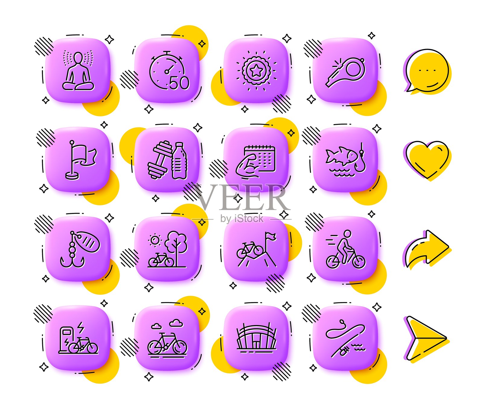 瑜伽、计时器和钓鱼线图标。用于网页应用、印刷。应用程序3D按钮图标。矢量图。插画图片素材