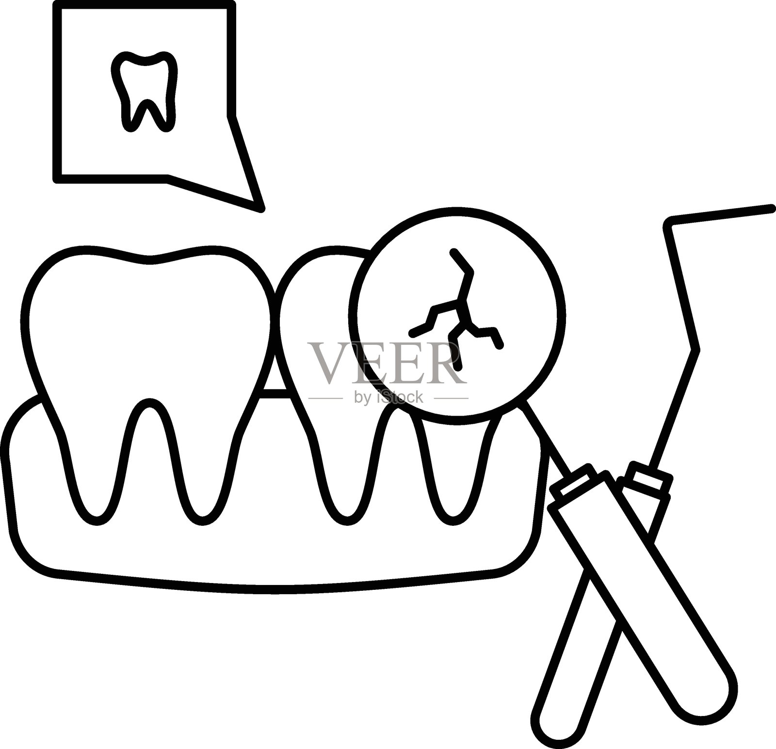 破损的牙冠 牙齿检查使用口镜的概念,检查牙齿探针镰刀探针矢量图标设计,牙科符号,医疗标志,牙科器械插图插画图片素材