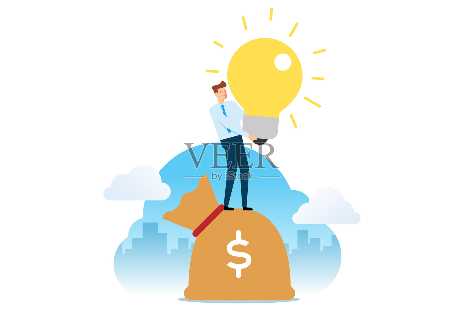 快乐成功的商人与想法灯泡插画图片素材