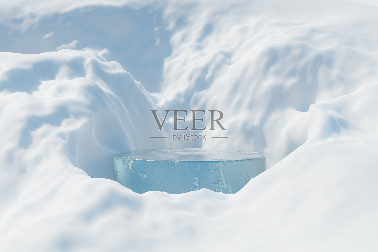 3d渲染平台和自然的冬季背景,冰雪覆盖的展台用于产品展示,广告,模型等照片摄影图片