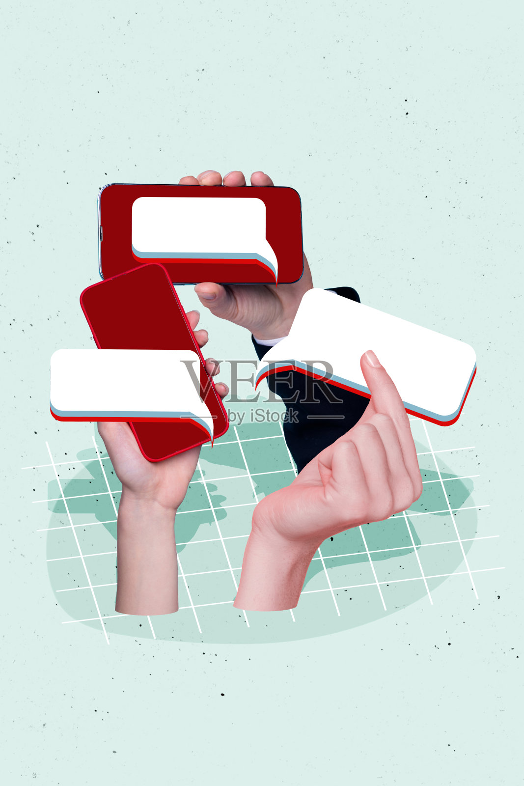 手握对话气泡的拼贴画,展现奇怪、怪异、不寻常的幻想电话交流照片摄影图片