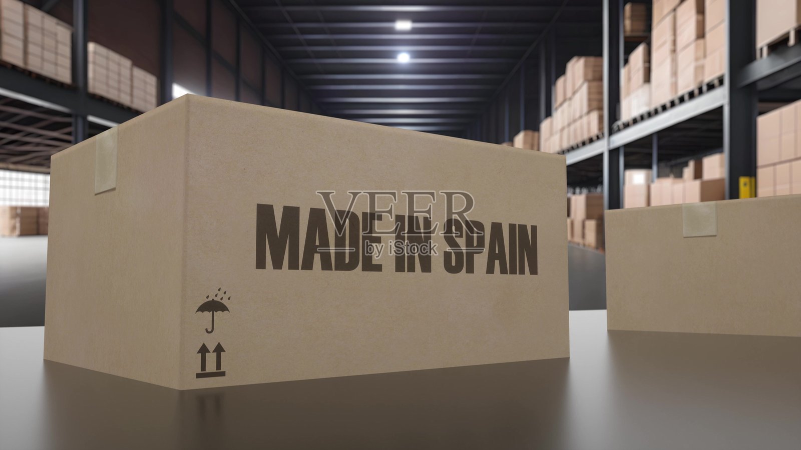 带有“西班牙制造”字样的箱子在传送带上。3D插图照片摄影图片