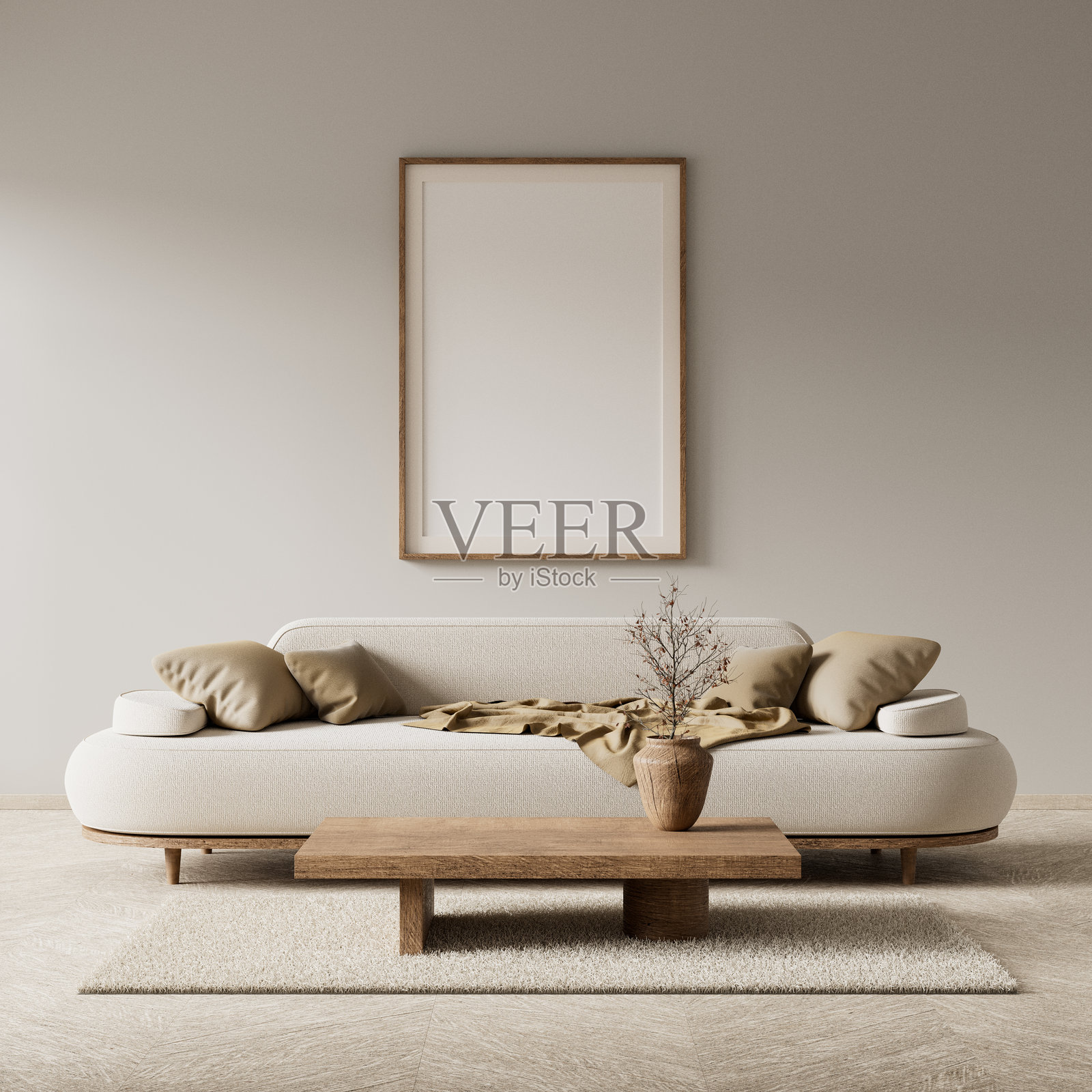 斯堪的纳维亚风格室内的海报框模型。极简主义客厅配有木质家具。3D插图。照片摄影图片