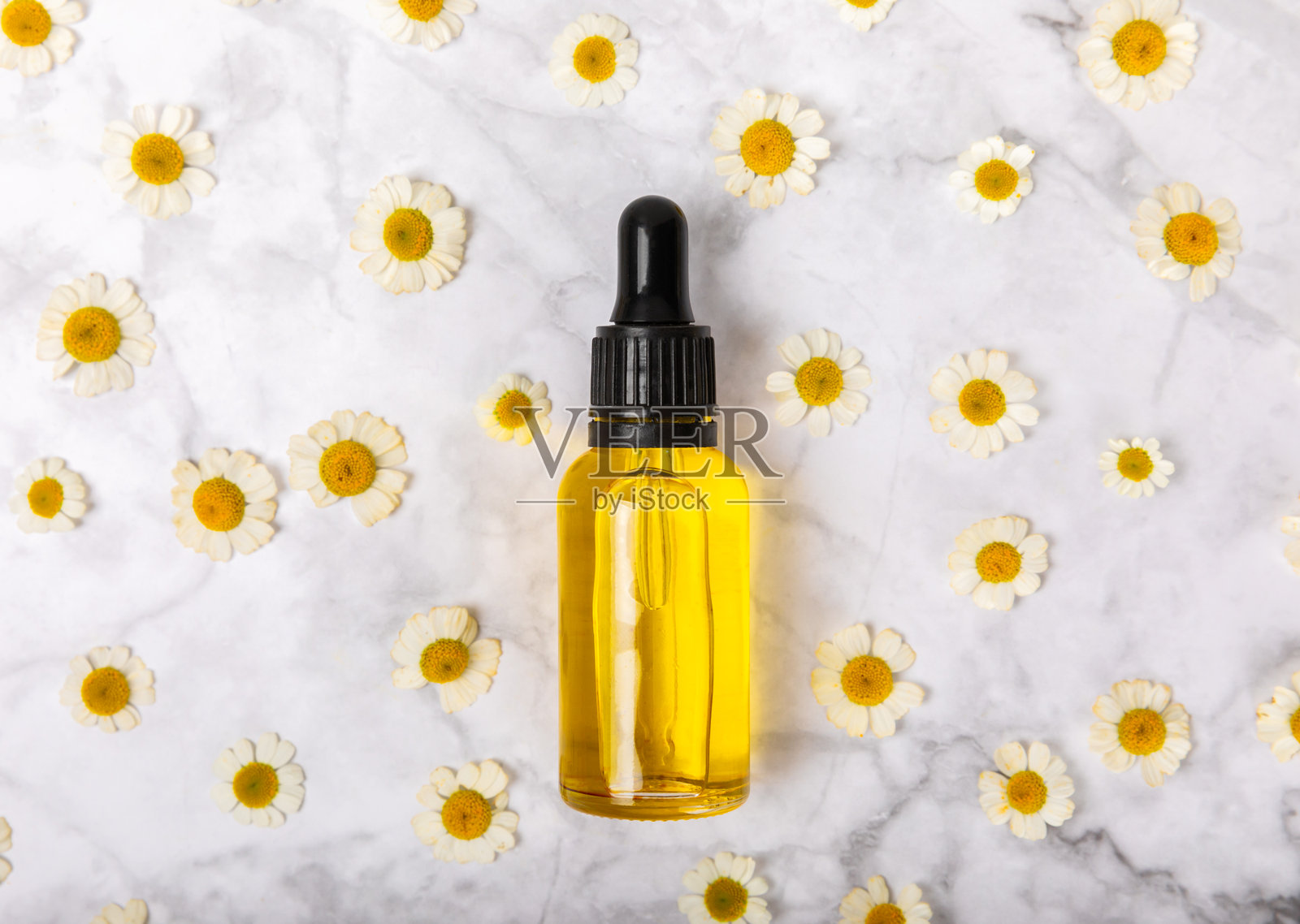 玻璃瓶子与洋甘菊精油木制背景。洋甘菊,近一点。芳香疗法,水疗和草药成分。美丽的概念。副本的空间。天然的化妆品照片摄影图片