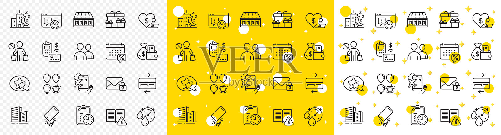 轮廓停止购物,航班目的地和夜间城市线图标。用于web应用程序。矢量插画图片素材