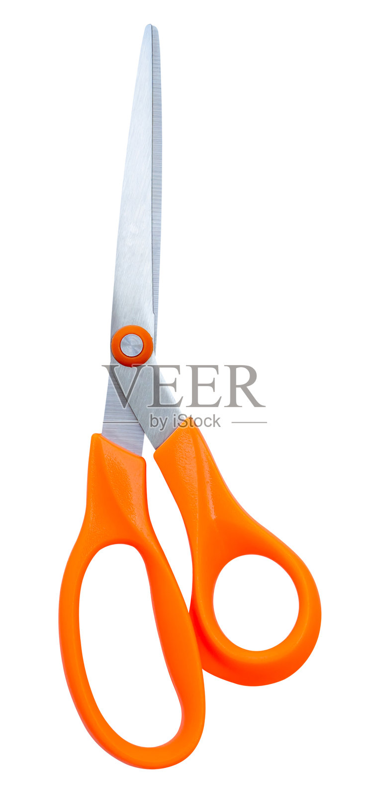 橙色手柄的中型多用途剪刀,垂直放置在白色背景上,带有抠图路径。照片摄影图片