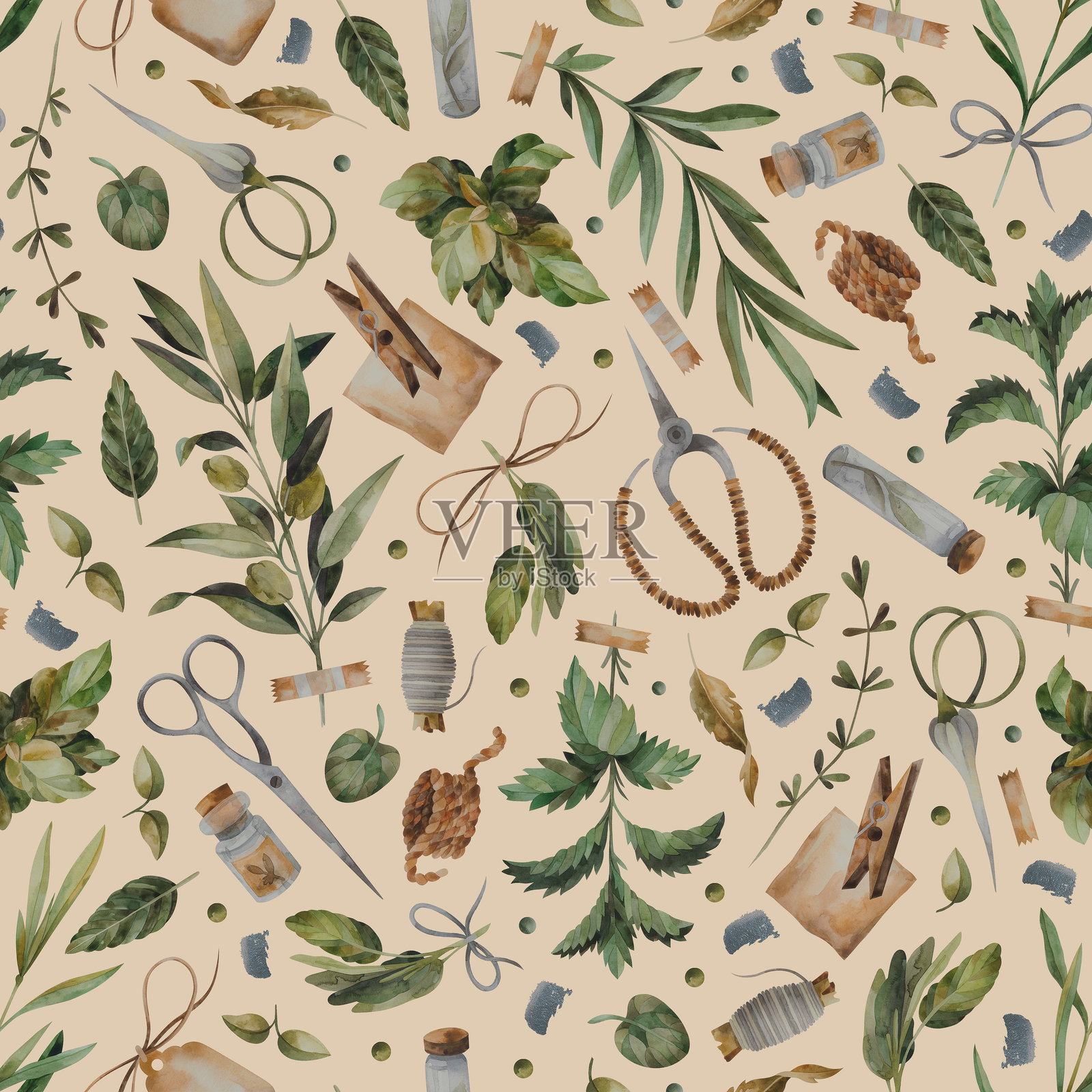 水彩无缝图案,包含花卉元素、植物、草药、园艺剪刀和大蒜,背景为米色插画图片素材