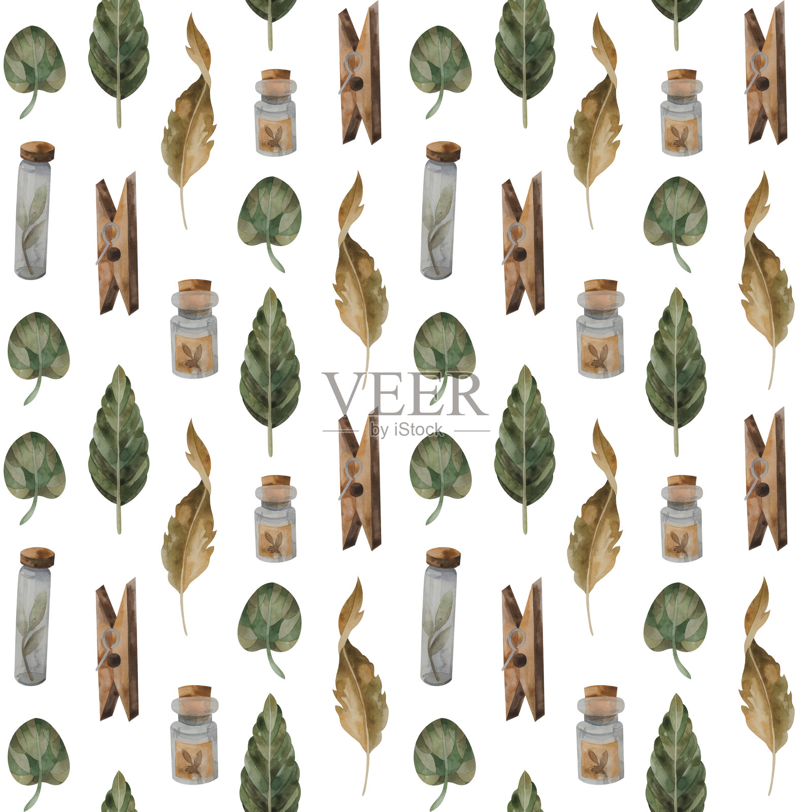 水彩无缝图案,包含叶子和乡村园艺元素插画图片素材