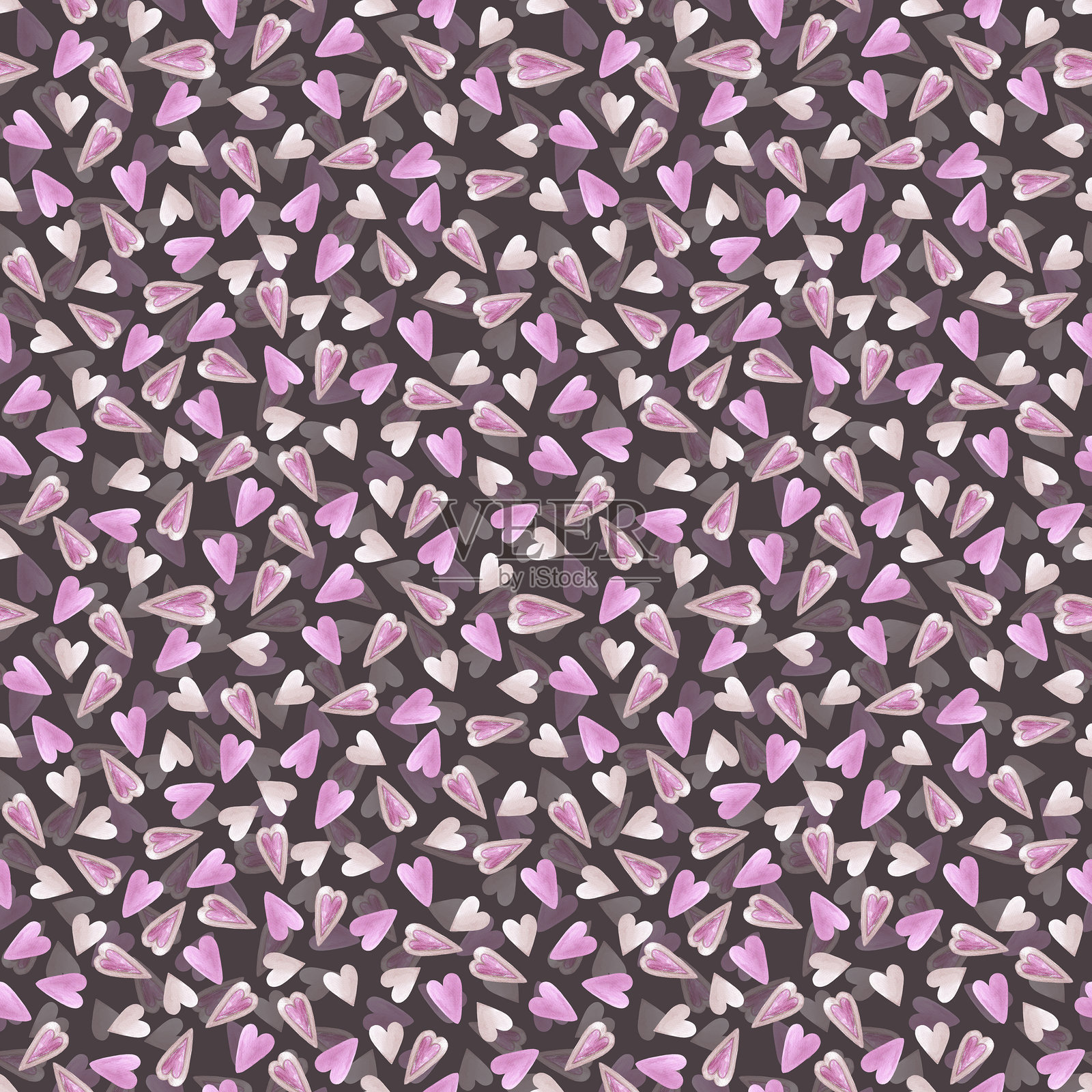 手绘水彩圣瓦伦丁无缝图案。紫色心形图案在紫色背景上独立展示。可用于纺织品、布料、剪贴簿及其他印刷产品。插画图片素材