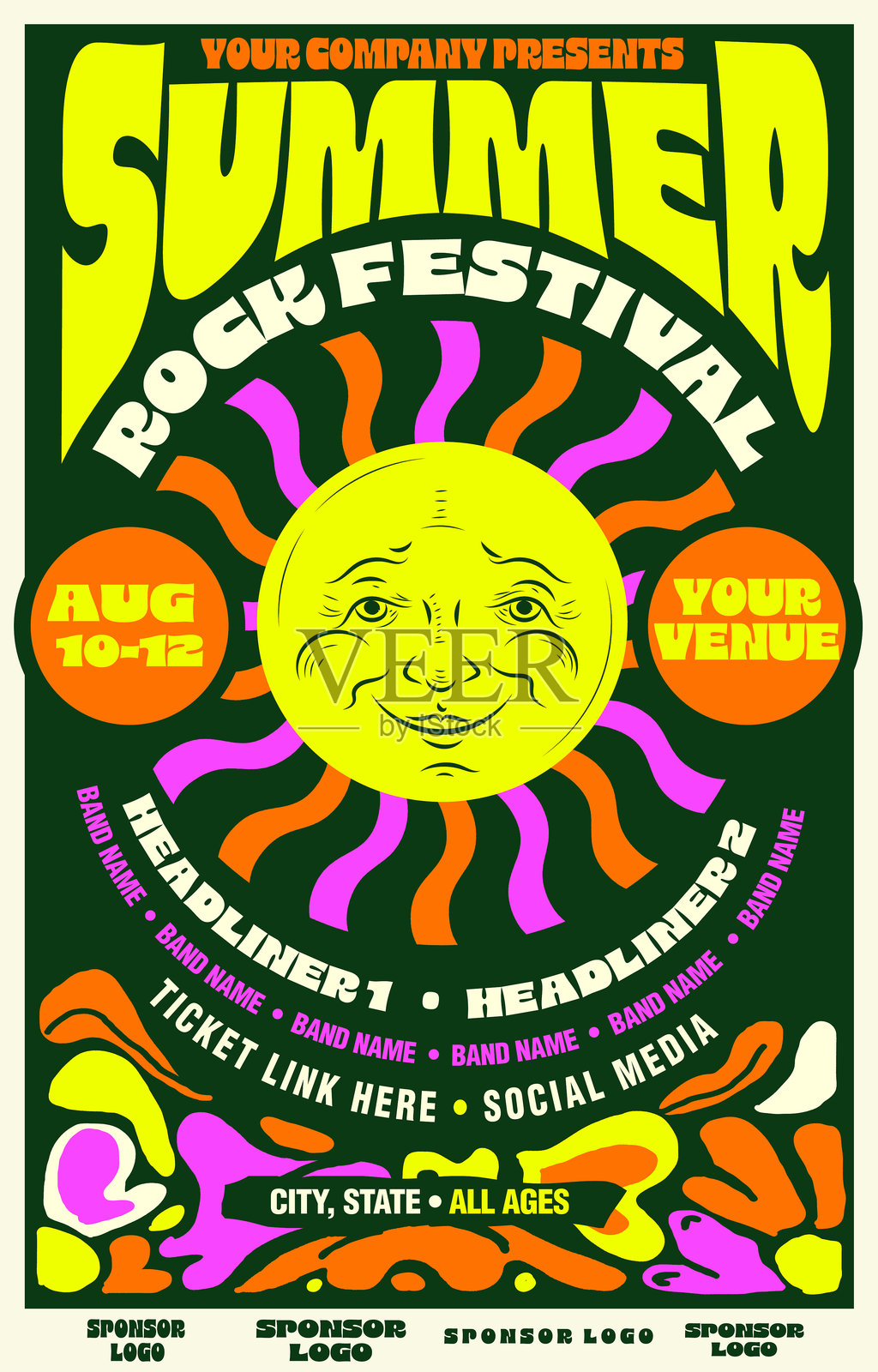 夏季摇滚音乐节,阳光明媚,复古海报排版设计模板,色彩鲜艳,抽象形状插画图片素材