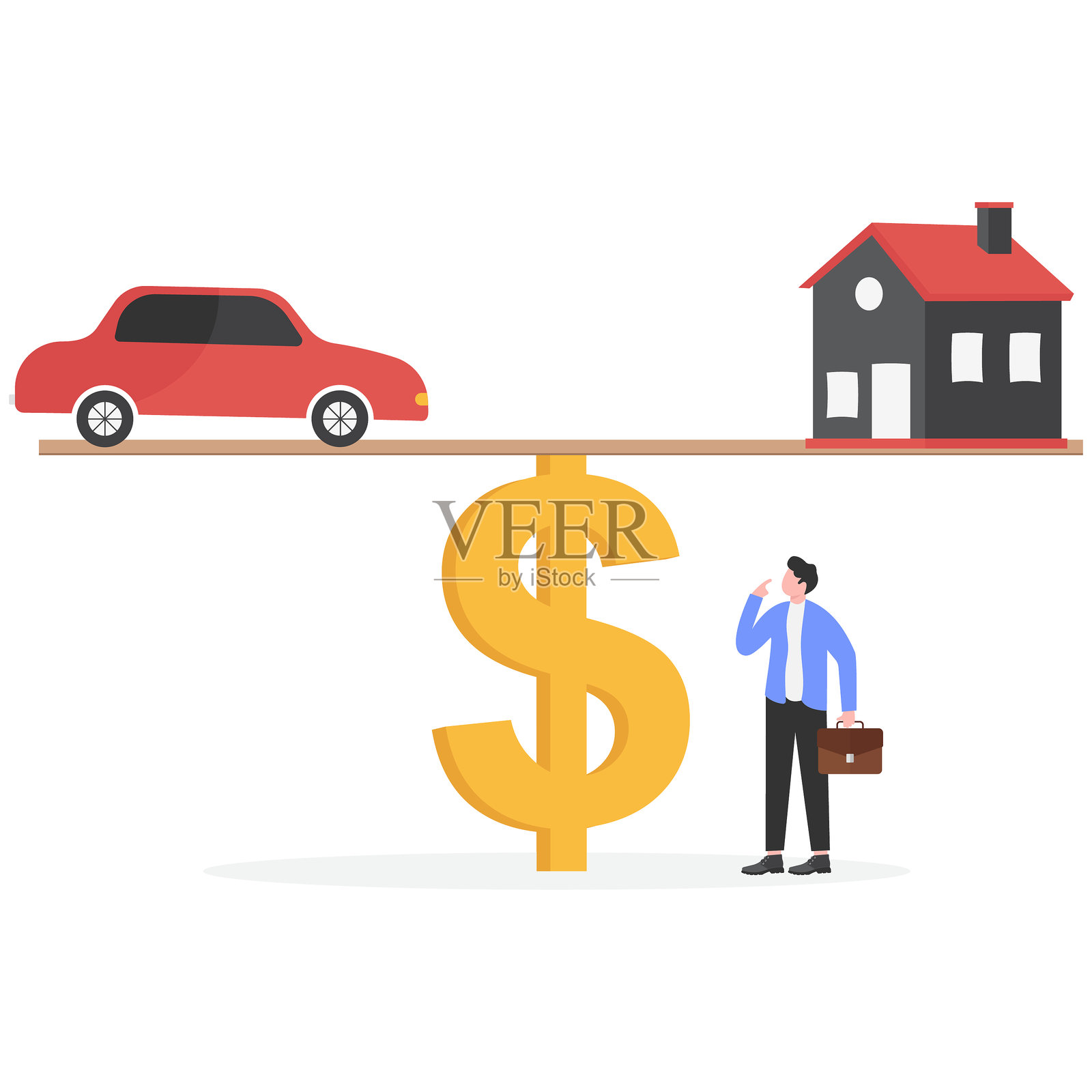 商人考虑贷款购房和购车。金融和商业风险,银行贷款和债务风险,经济的稳定性或平衡。插画图片素材